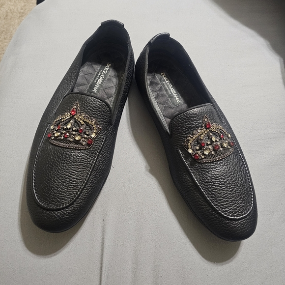 DOLCE & GABBANA Crystal Baroque Crown Leather Loafer Shoes KING DRIVER Black